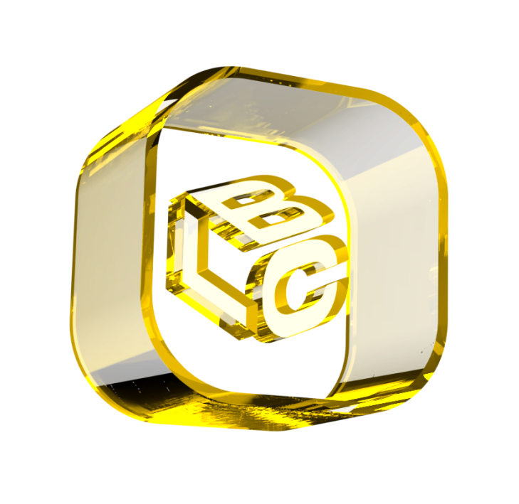 Cubo dourado com letras B, L, C em 3D, sobre fundo branco