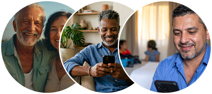 Família sorrindo e usando smartphones, representando conexão e tecnologia.